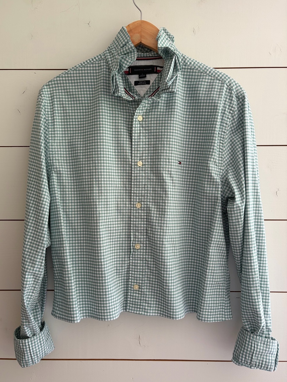 Viral Reworked Upcycled TOMMY HILFIGER Green Gingham Shirt Ruffle Collar, Large